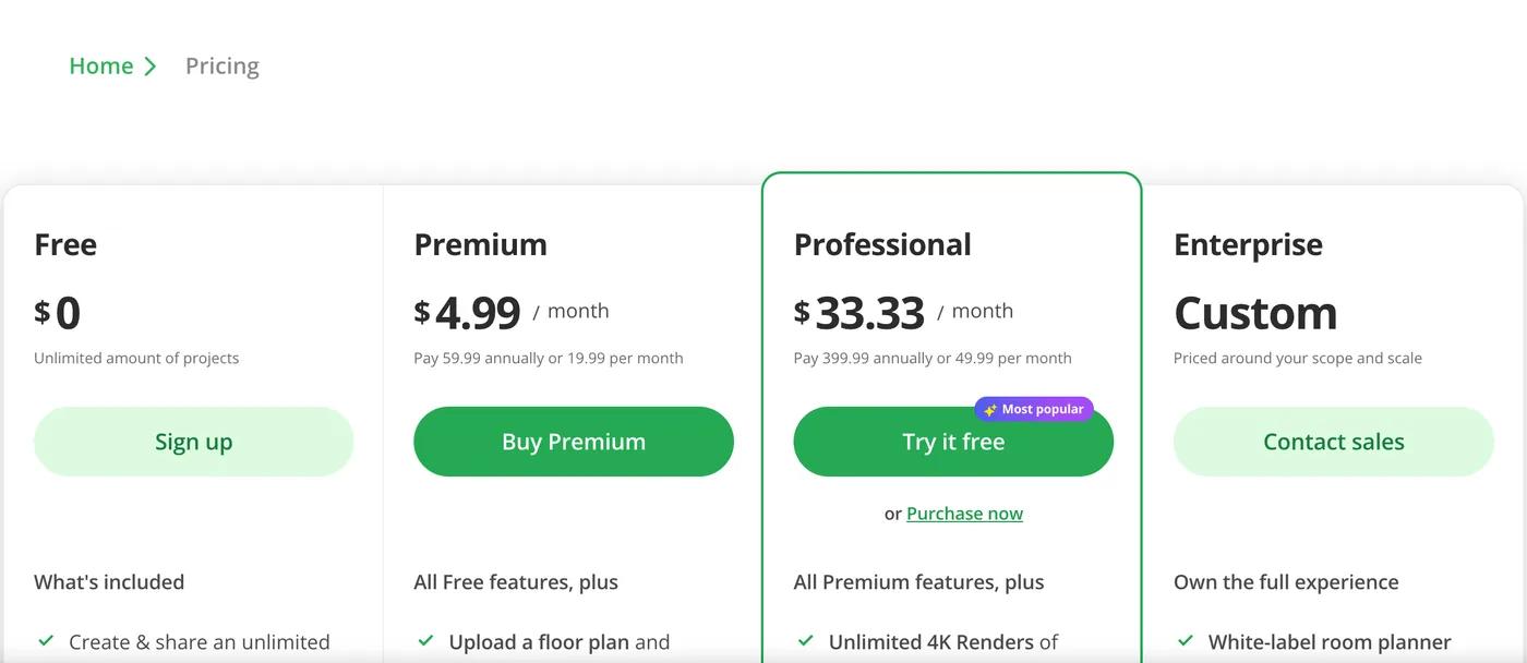 Planner 5D pricing page with Free, Premium and Professional plans