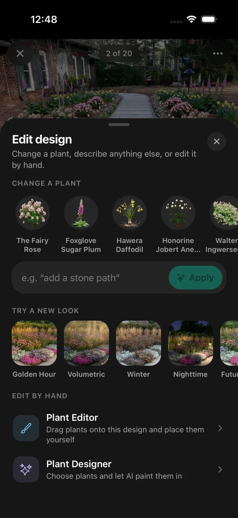 Sow Edit design sheet with Change a plant chips, a text box for changes, Try a new look restyles, and Plant Editor and Plant Designer options