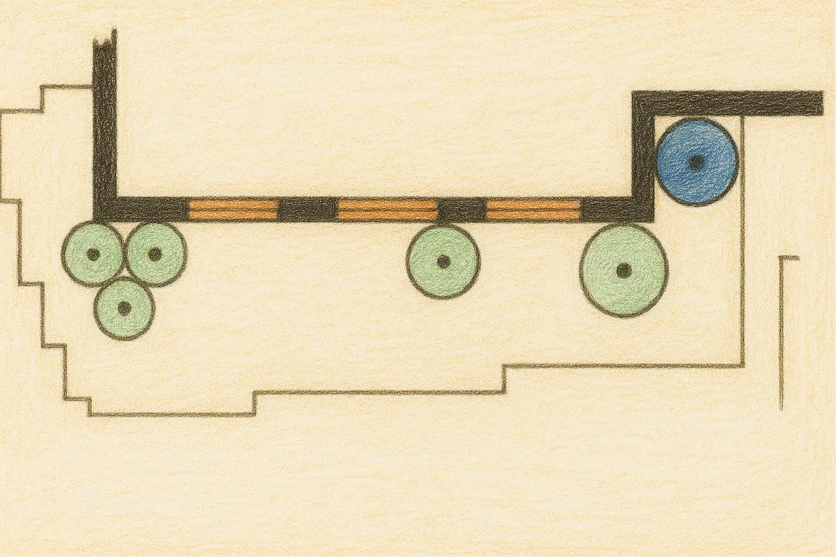 Border plan showing only the woody framework: three shrubs grouped at the left corner, two spaced along the bed, and a small tree by the entrance