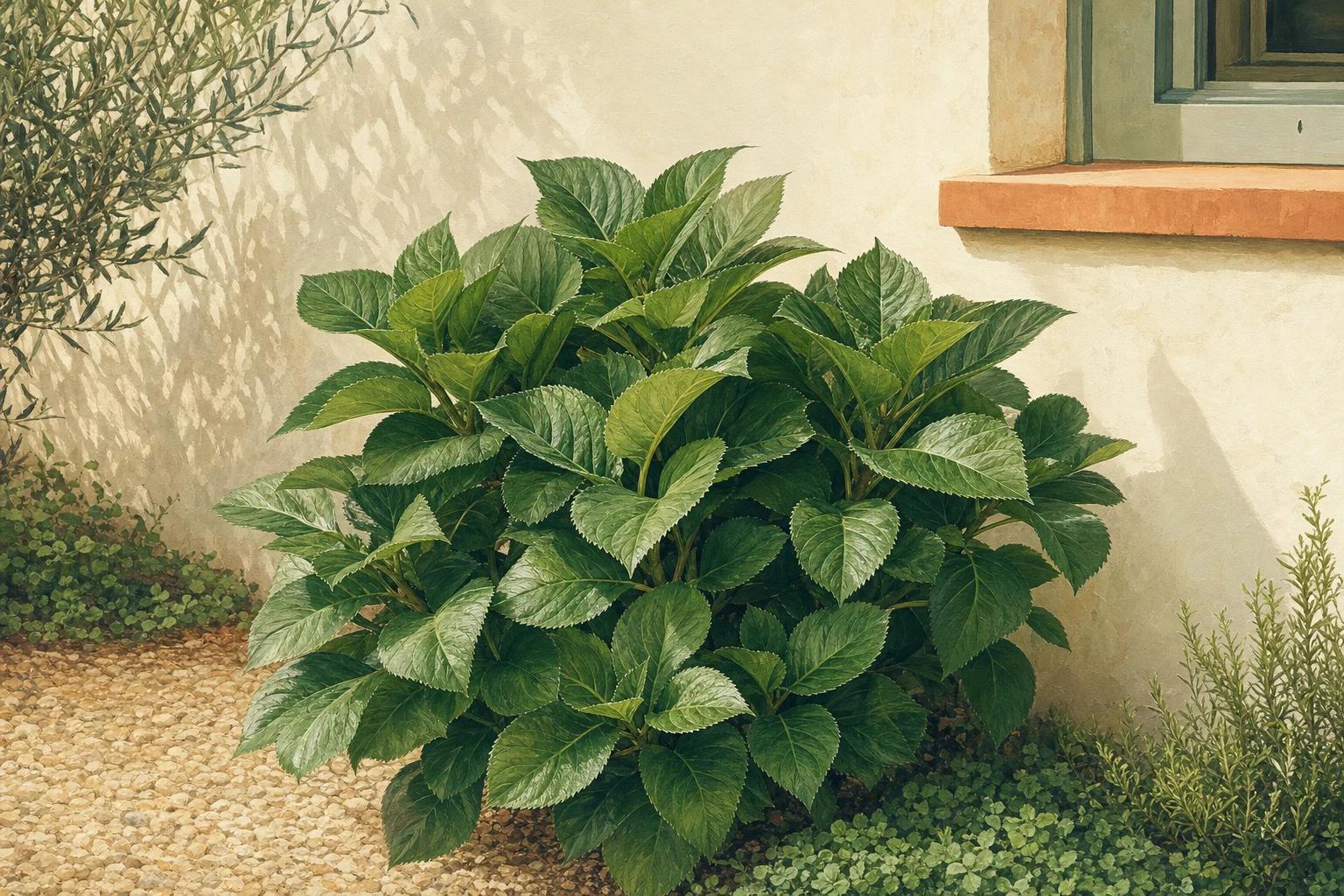 Bigleaf hydrangea shrub full of healthy green leaves but carrying no flowers, planted beside a house in early summer