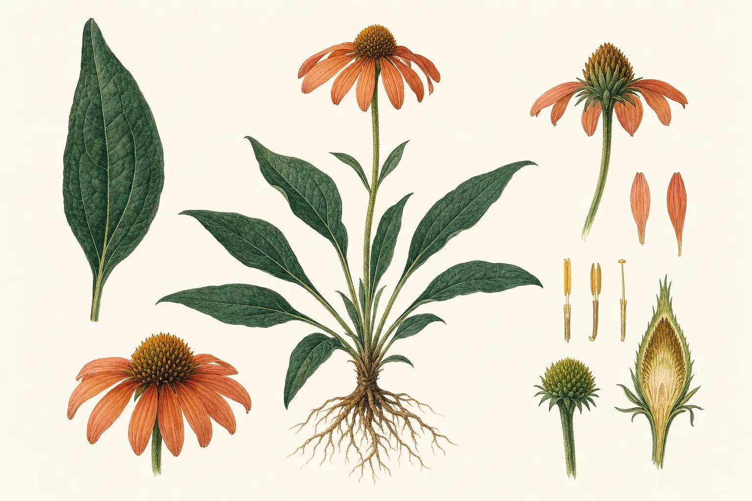 Botanical specimen study showing the leaves, flowers, and roots of a garden plant