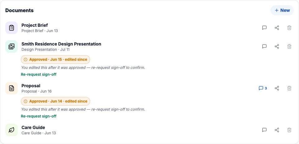 A Sow client board showing a project brief, design presentation and proposal, each with client approval status and a re-request sign-off prompt after edits