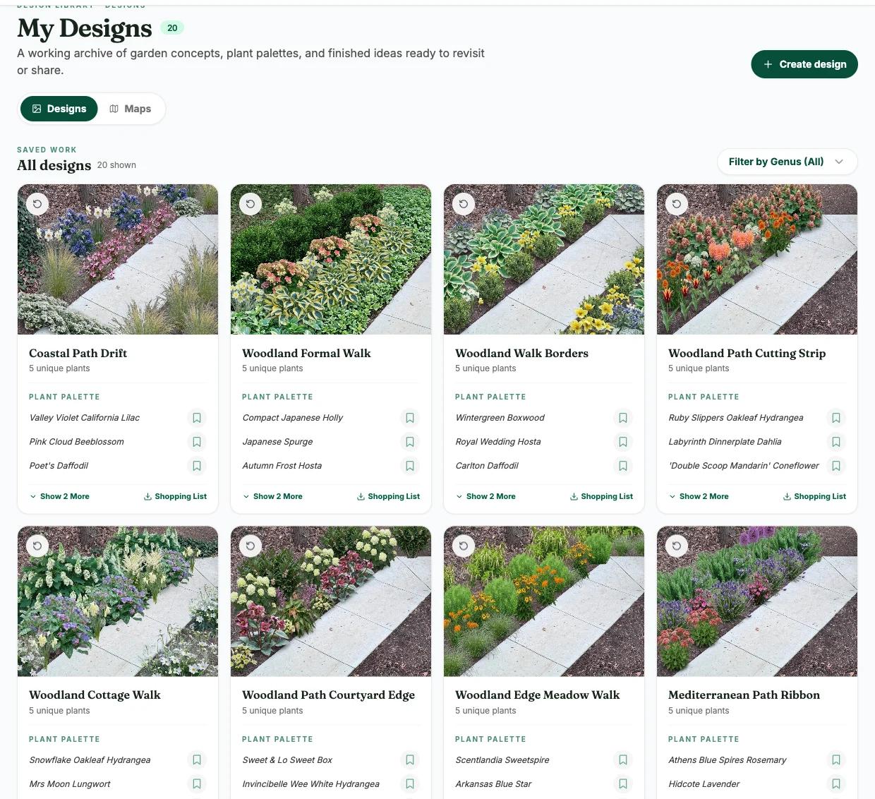 The Sow design library showing photo-realistic landscape designs on real paths, each listing its named plant palette such as Valley Violet California Lilac and Ruby Slippers Oakleaf Hydrangea