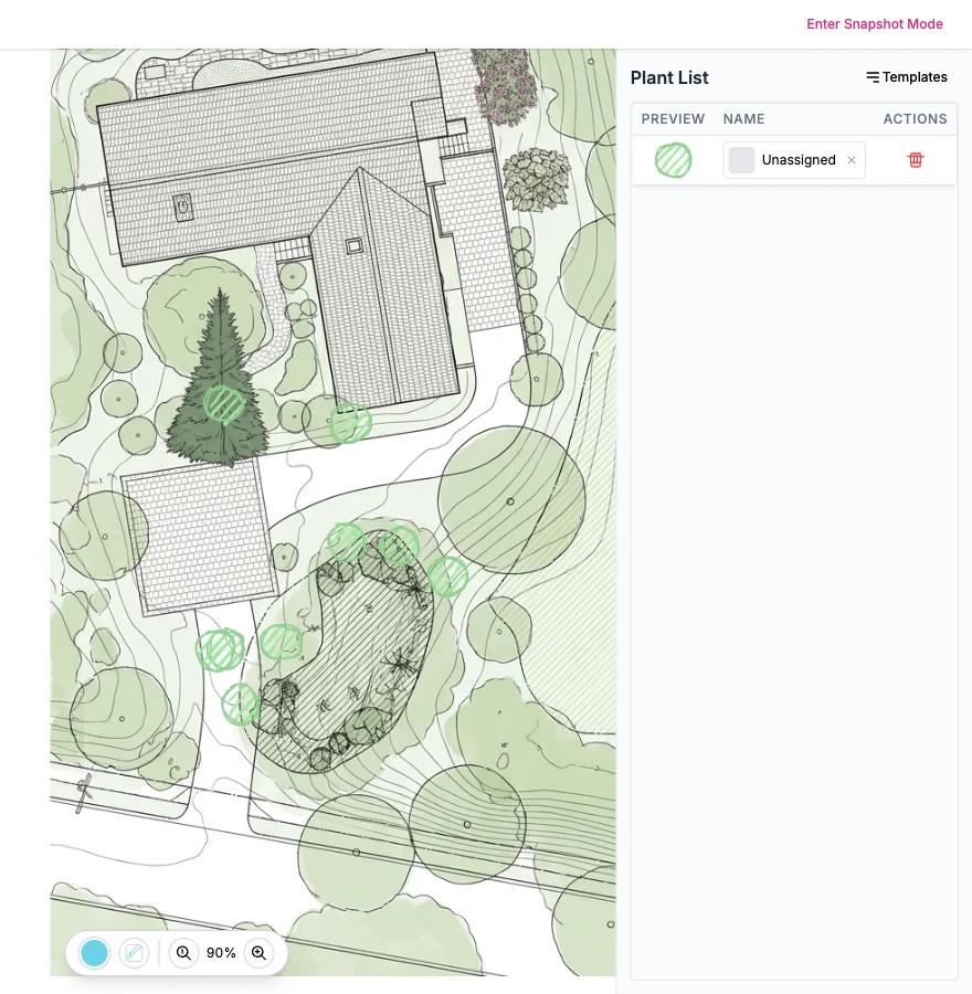 A Sow planting plan drawn over a site survey, with plant positions and canopy spread marked to scale