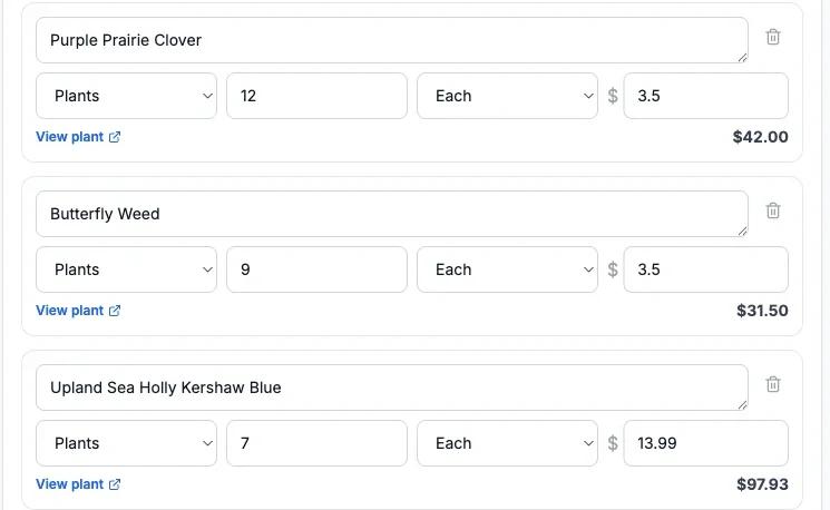 Line items in a Sow landscape proposal: Purple Prairie Clover, Butterfly Weed and Upland Sea Holly, each with quantity, unit, unit price and line total