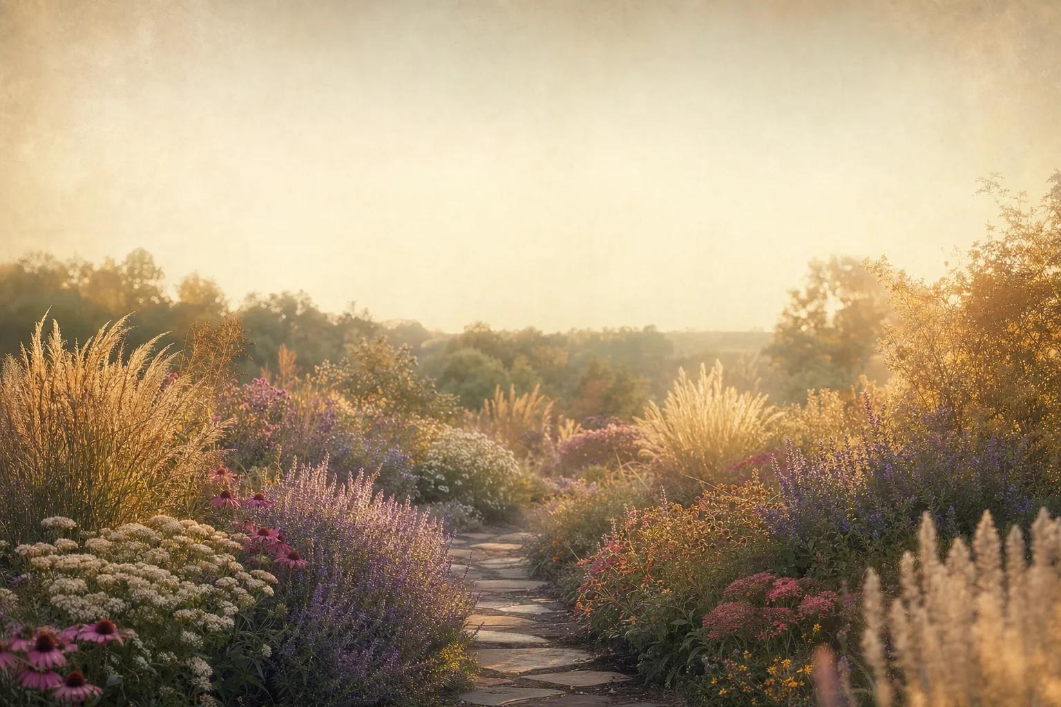 A designed perennial garden border at golden hour