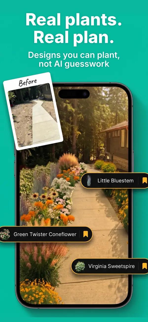 Sow landscape design app showing a before and after front yard design with real plants like Little Bluestem and Coneflower