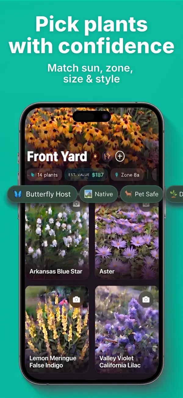 Sow garden planner app plant list for a front yard matched to USDA zone 8a with native and pet-safe filters