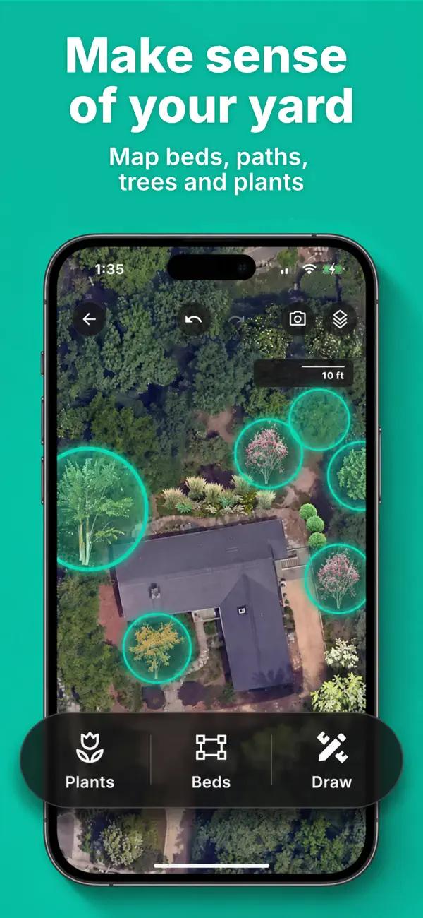 Yard mapping feature in the Sow app with garden beds, trees and plants mapped on a satellite view