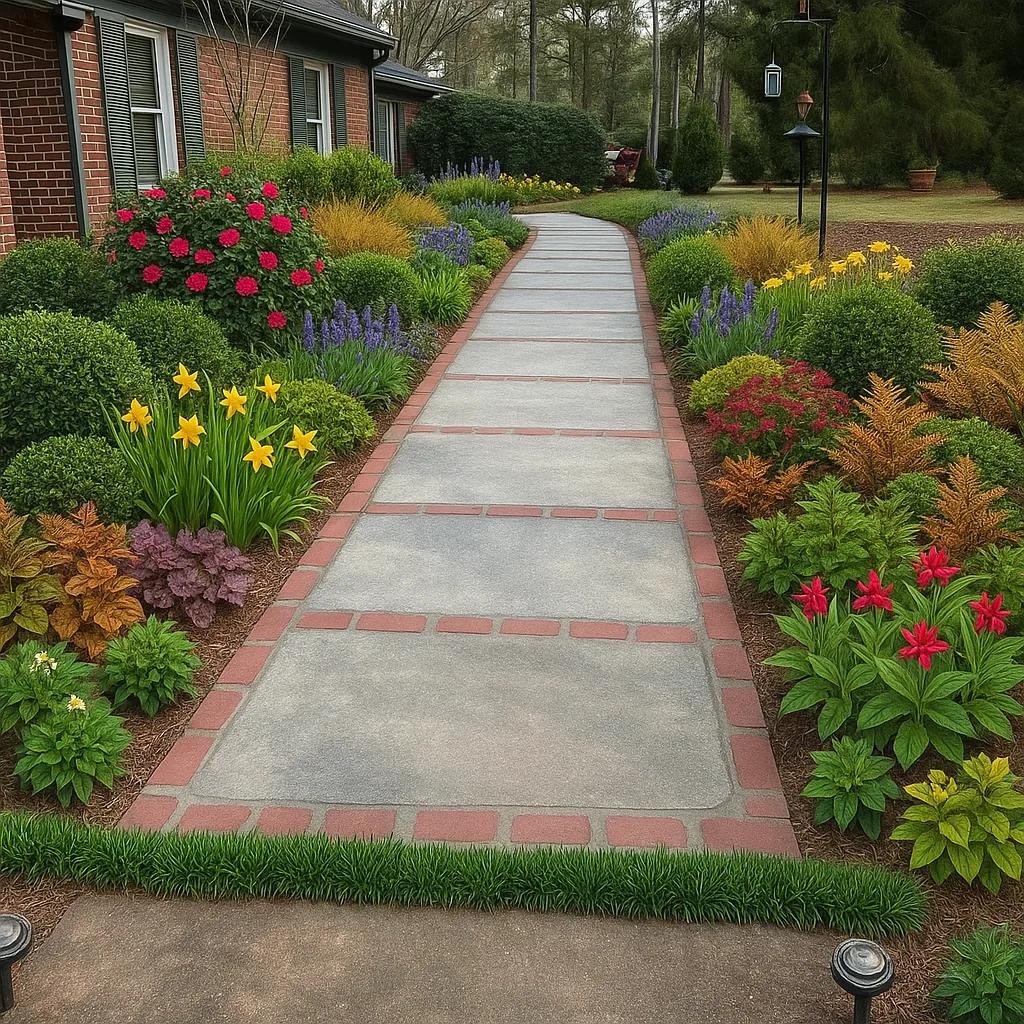 A second generated front garden from the same photo and request, with different plants in different places