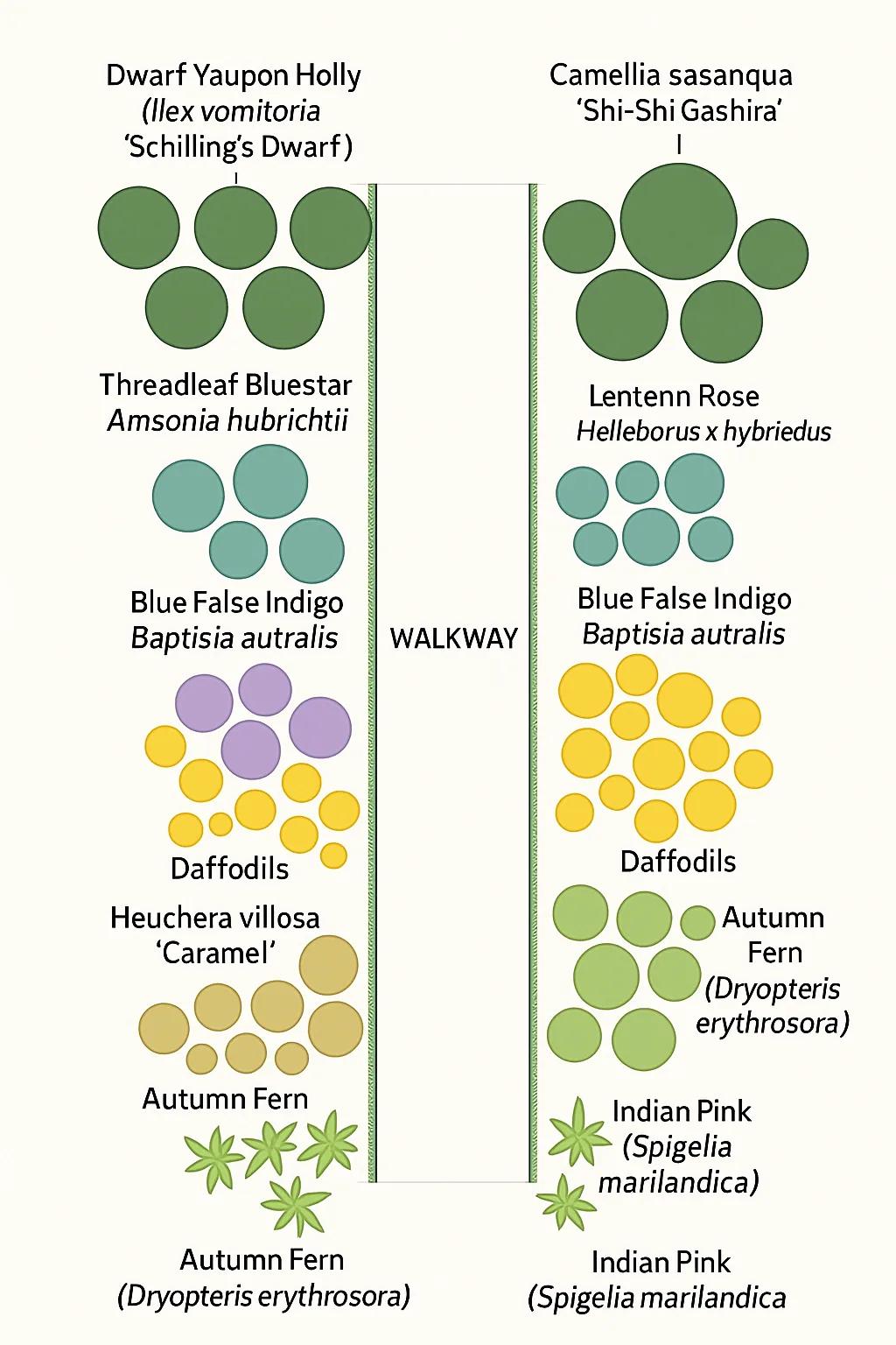 A generated top-down diagram of circles labeled with plant names on either side of a straight walkway, with misspelled names and no quantities