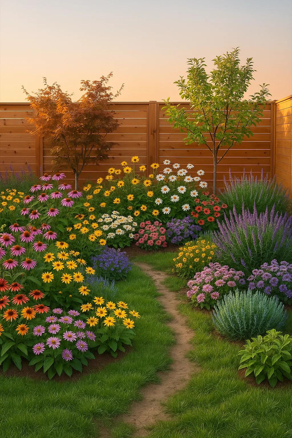 A generated backyard with dense flower beds covering much of the lawn in front of the wooden fence and two young trees