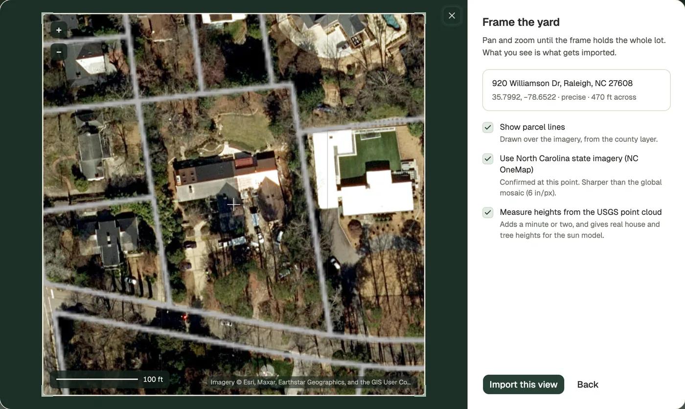 Klora frame-your-lot dialog showing aerial imagery of a Raleigh property with parcel lines and import options for lidar heights