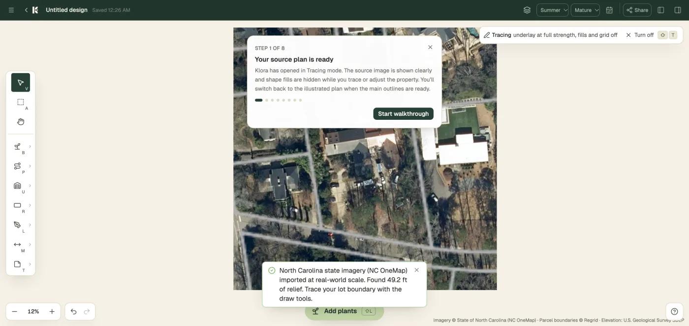 Klora plan editor with the aerial underlay, a drawing toolbar, a walkthrough card and Summer and Mature season and growth controls