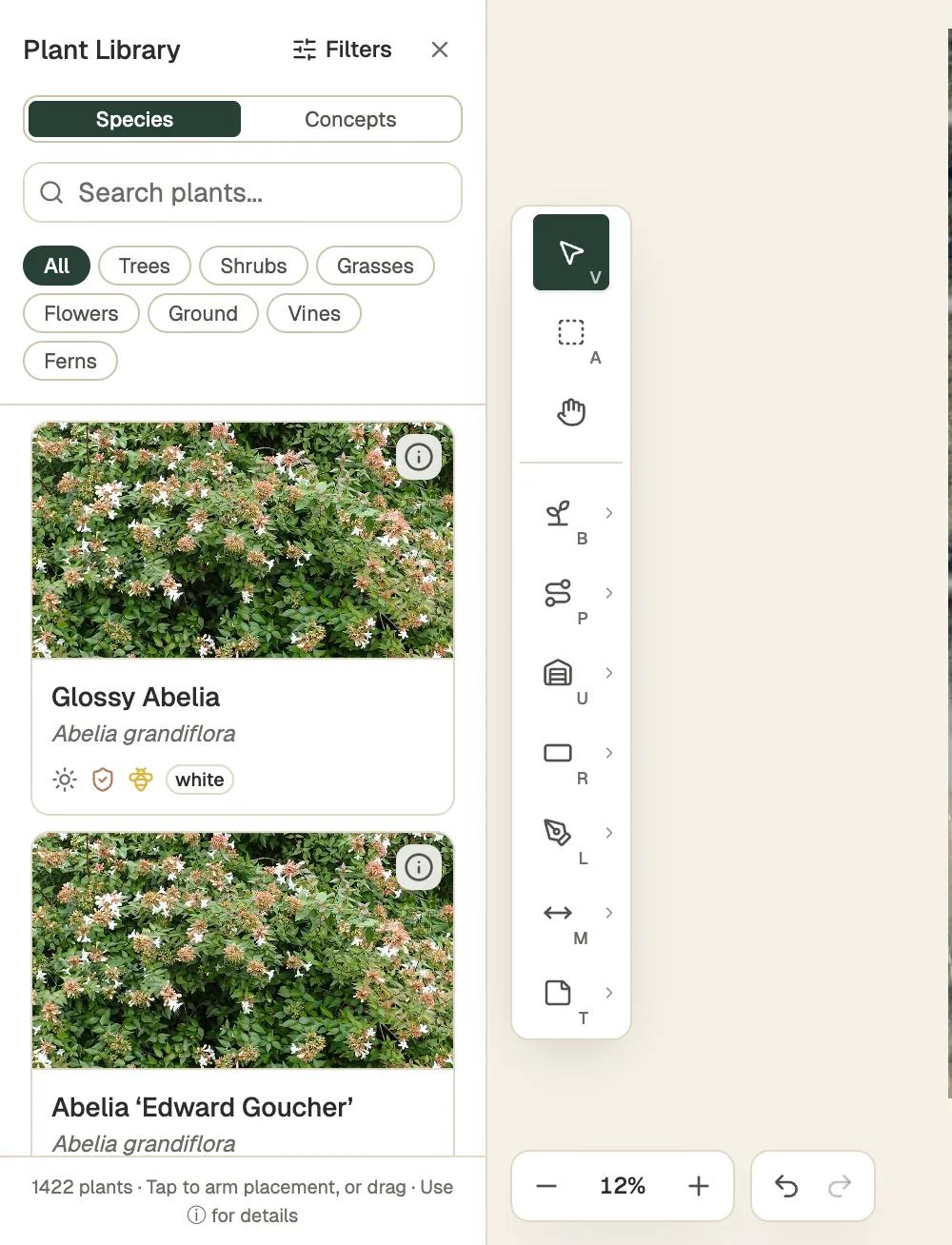 Klora plant library species tab listing plants with photos, botanical names, sun and deer-resistance icons, and category chips