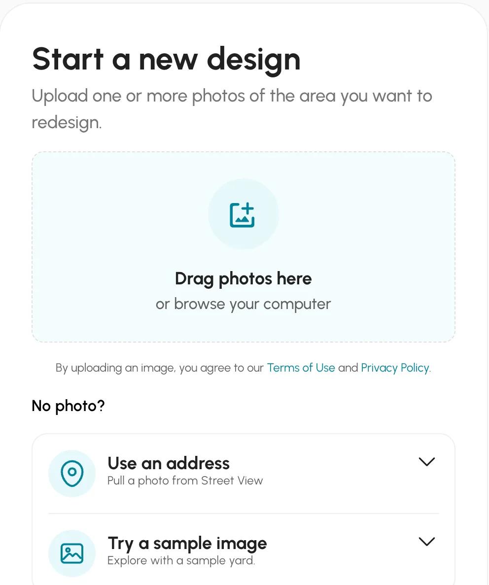 Neighborbrite upload screen with Add photos, a drag-and-drop area, and options to use a street address or a sample image