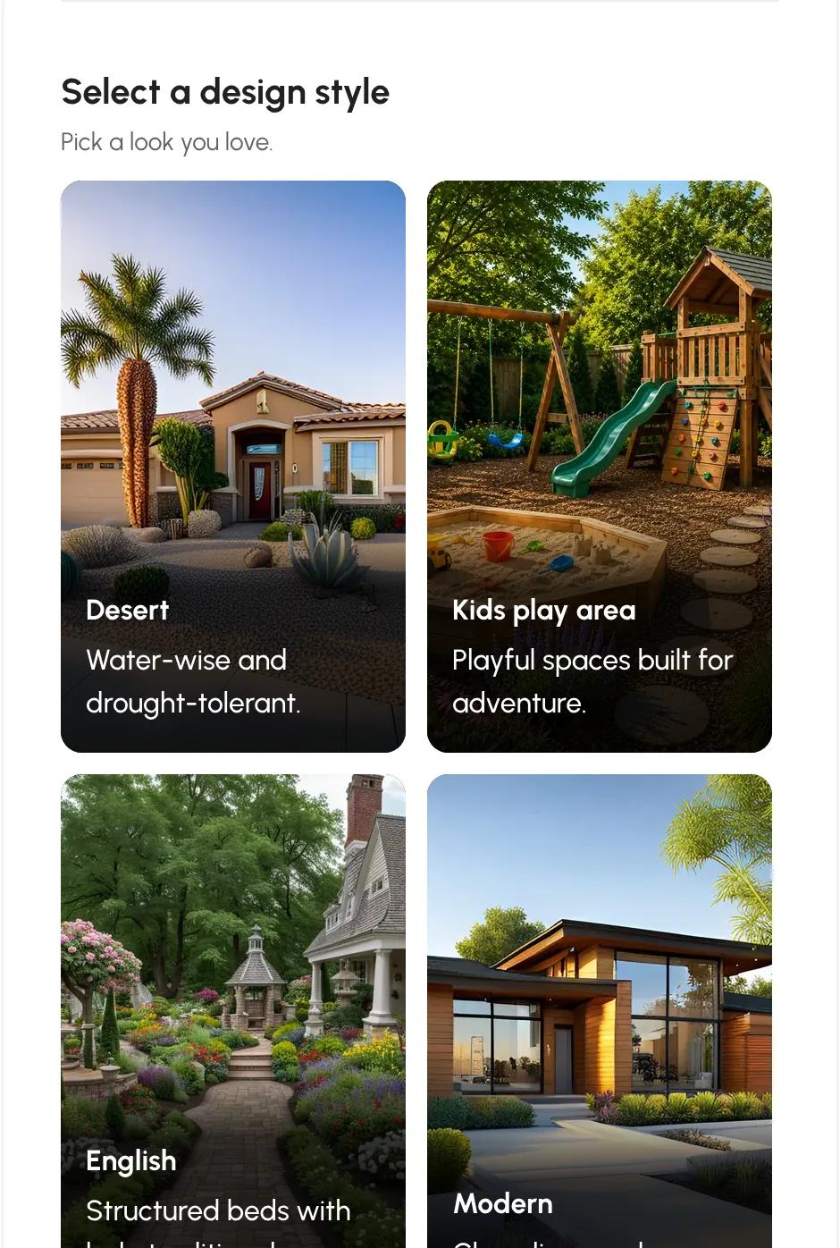 Neighborbrite style picker with Desert, Kids play area, English and Modern style cards