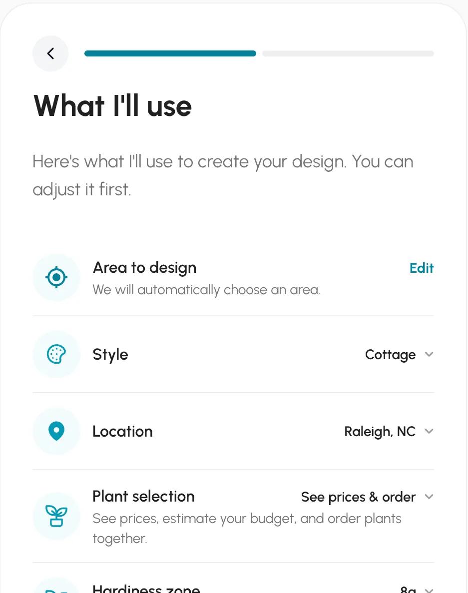 Neighborbrite What I'll use screen listing area to design, style Cottage, location Raleigh NC, plant selection and hardiness zone 8a