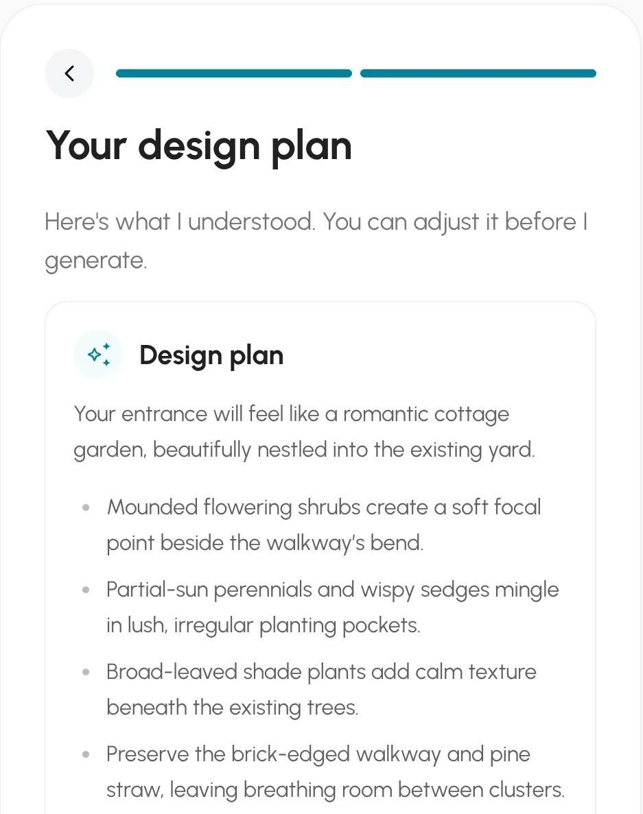 Neighborbrite Your design plan panel describing a romantic cottage garden with flowering shrubs, partial-sun perennials, sedges and shade plants beneath the existing trees