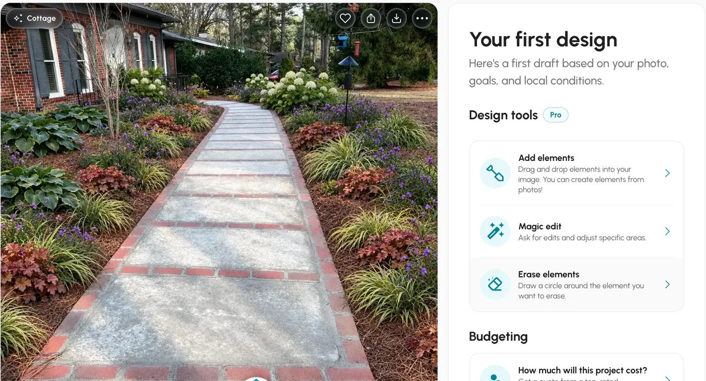 Neighborbrite result page with the generated cottage design beside Pro-badged design tools: Add elements, Magic edit and Erase elements