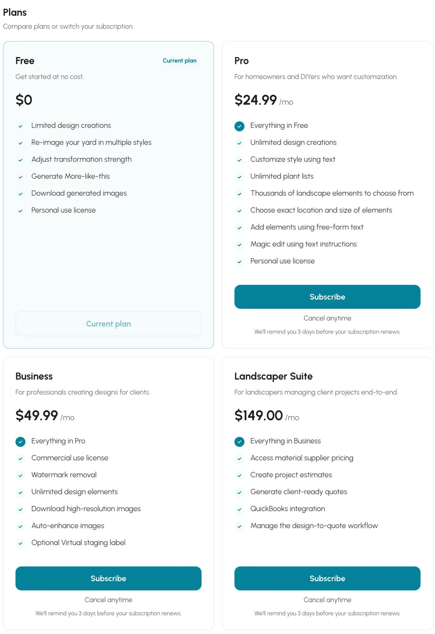 Neighborbrite billing page showing Free at $0, Pro at $24.99 a month, and Business at $49.99 a month with watermark removal listed under Business