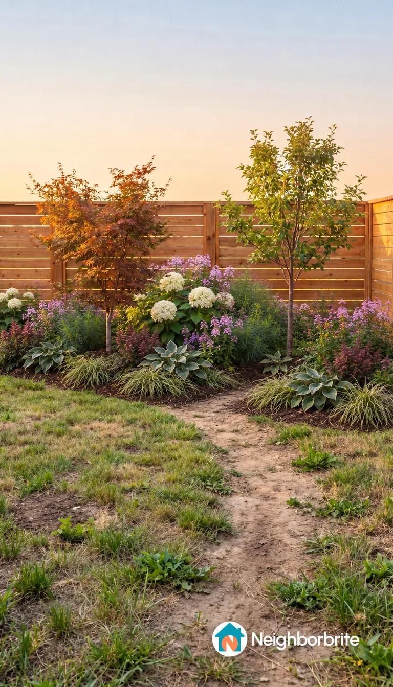 Neighborbrite cottage-style redesign of the fenced backyard with a planted border along the fence and the patchy lawn left as photographed