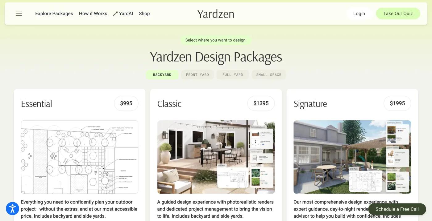 Yardzen design packages page with Essential, Classic and Signature tiers and tabs for Front Yard, Full Yard and Small Space