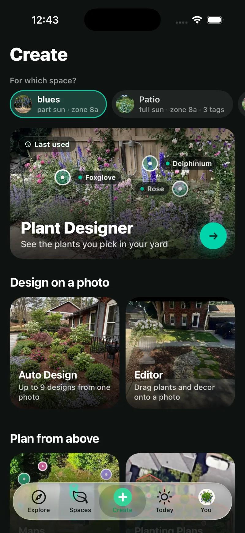 Sow Create screen on iPhone with a space picker showing part sun and zone 8a, then Auto Design, Plant Designer, Editor, Maps and Planting Plans
