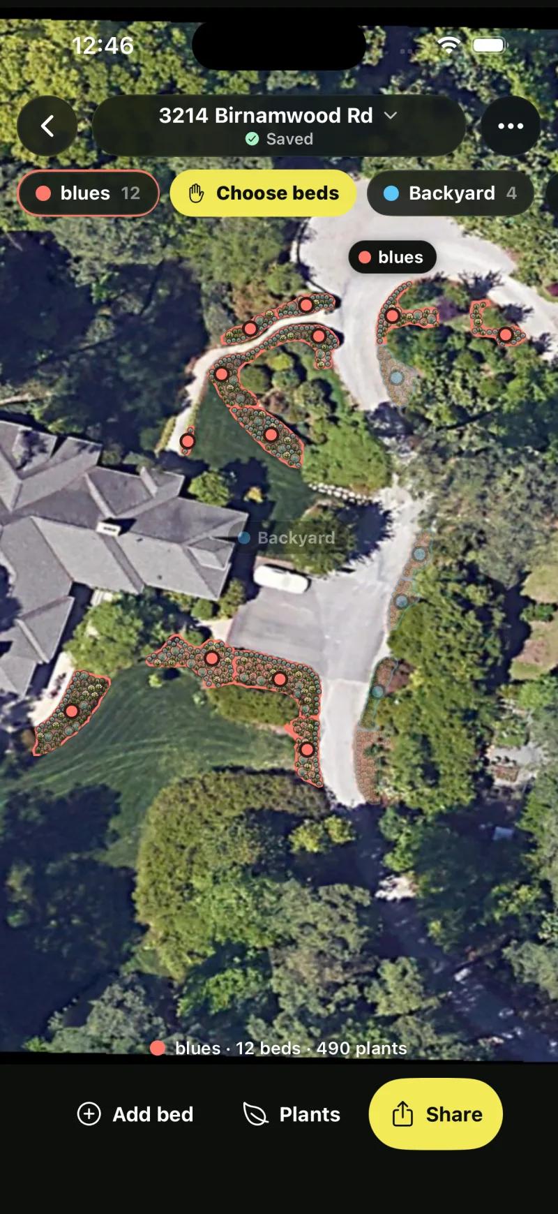 Sow Planting Plans screen with beds outlined on a satellite view of a property, 12 beds and 490 plants in one space