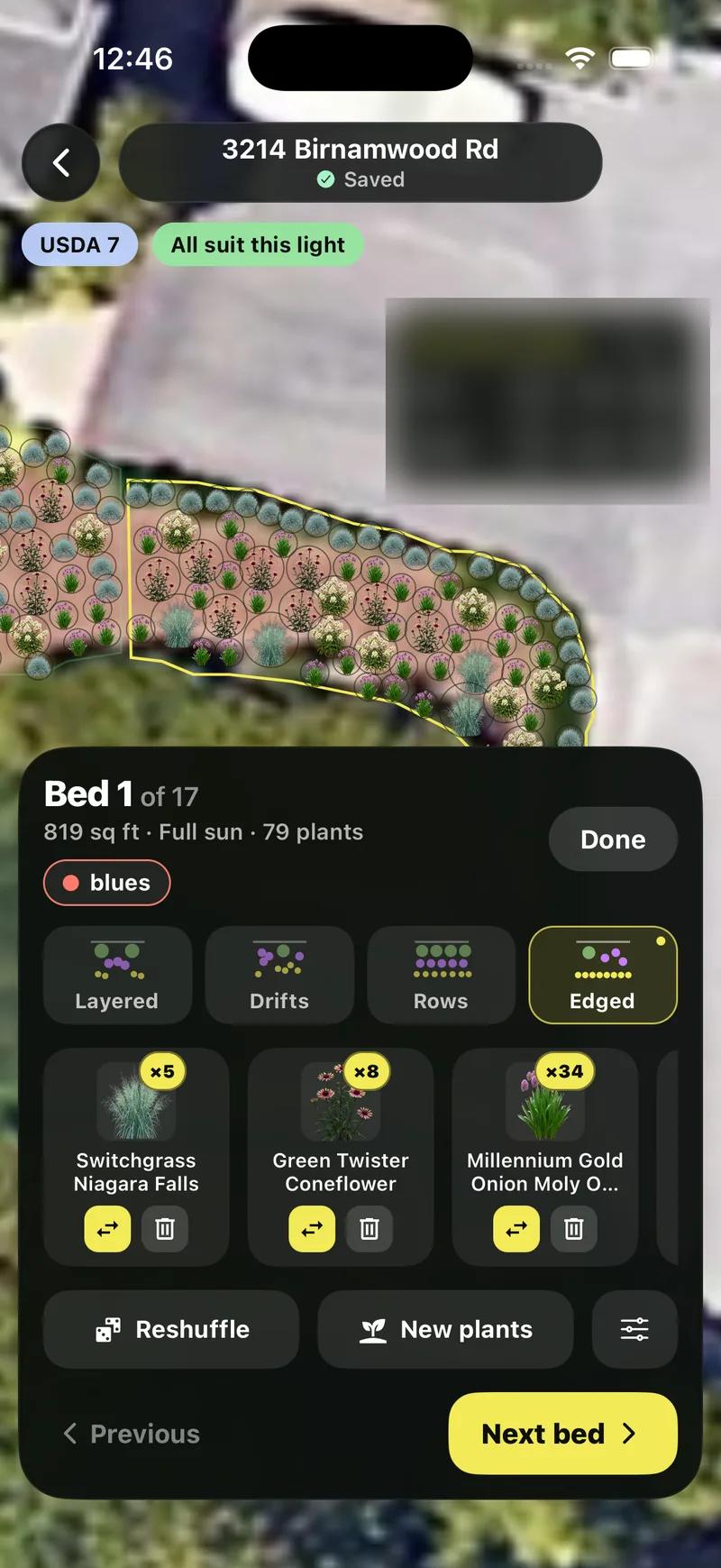 Sow bed editor showing Bed 1 of 17, 819 square feet, full sun, 79 plants, layout modes Layered, Drifts, Rows and Edged, and plant chips with counts