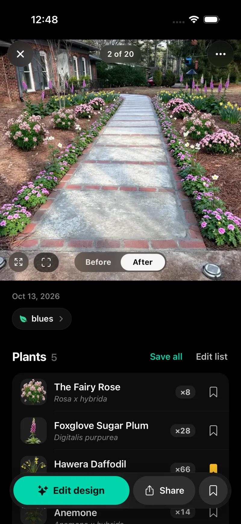 Sow design of the front walkway on iPhone with both borders planted and a plant list showing The Fairy Rose x8, Foxglove Sugar Plum x28, Hawera Daffodil x66 with botanical names