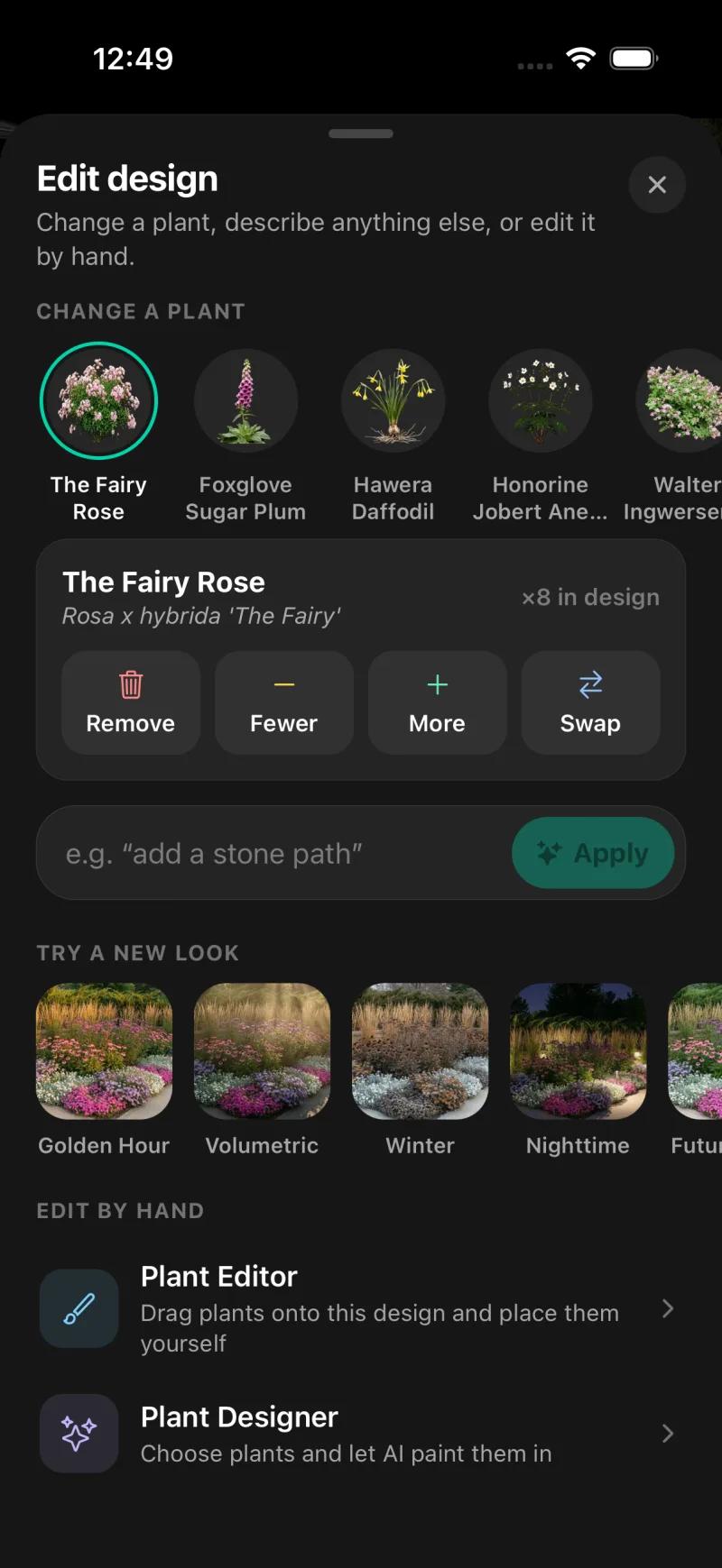 Sow per-plant controls for The Fairy Rose showing Remove, Fewer, More and Swap buttons and the count of eight in this design
