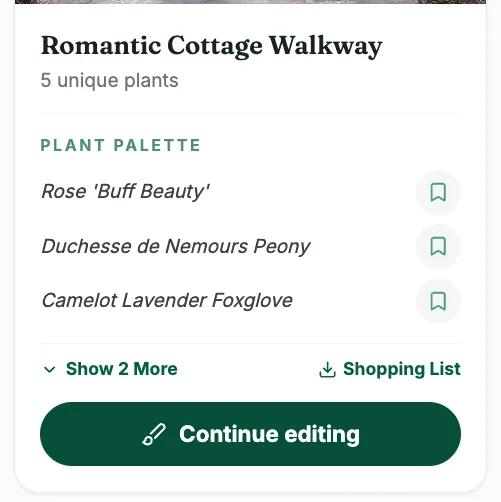Sow gallery card for Romantic Cottage Walkway with a plant palette of named plants, Show 2 More, Shopping List and Continue editing