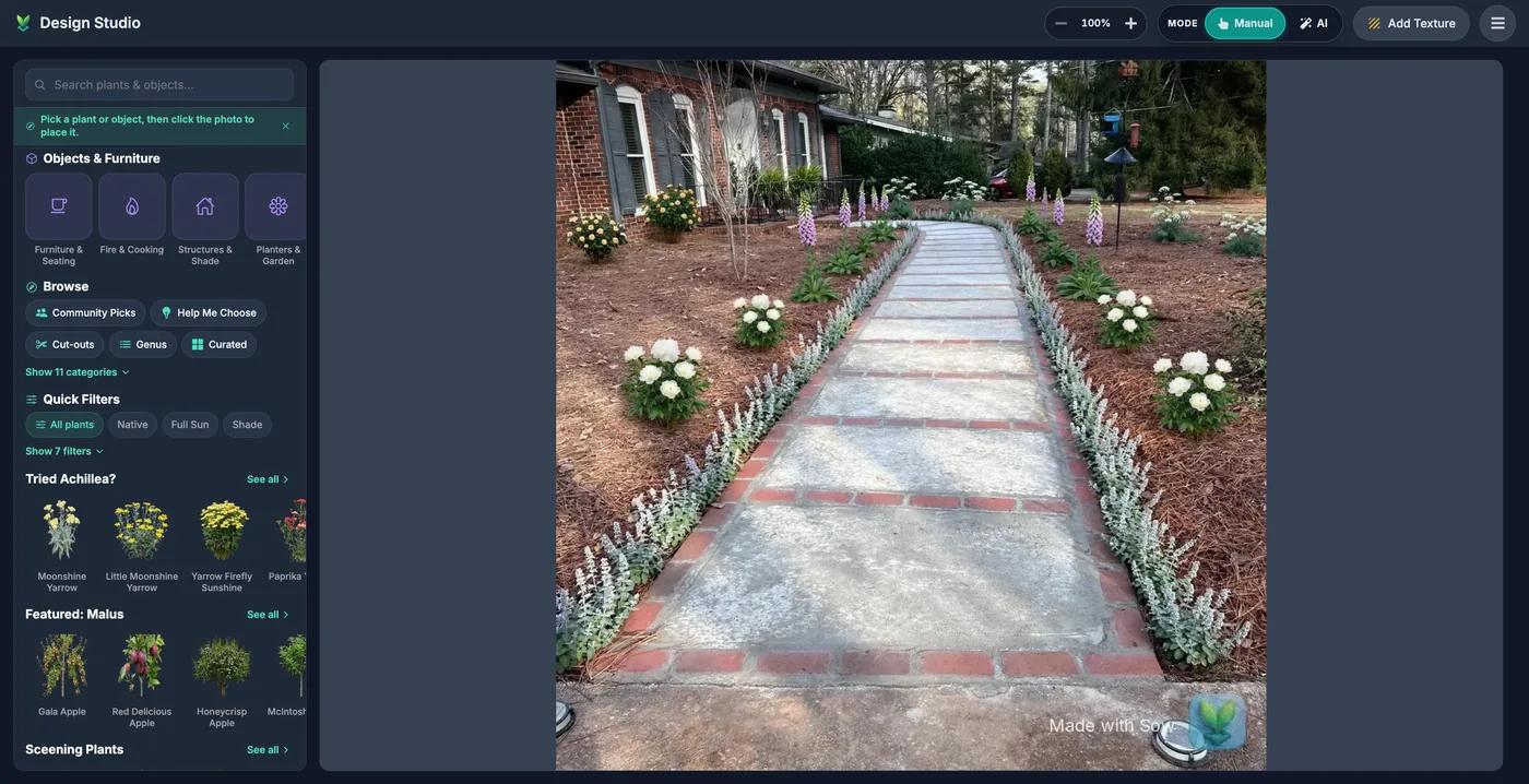 Sow Design Studio in Manual mode with the generated design as the canvas, Objects and Furniture categories, browse options and quick filters