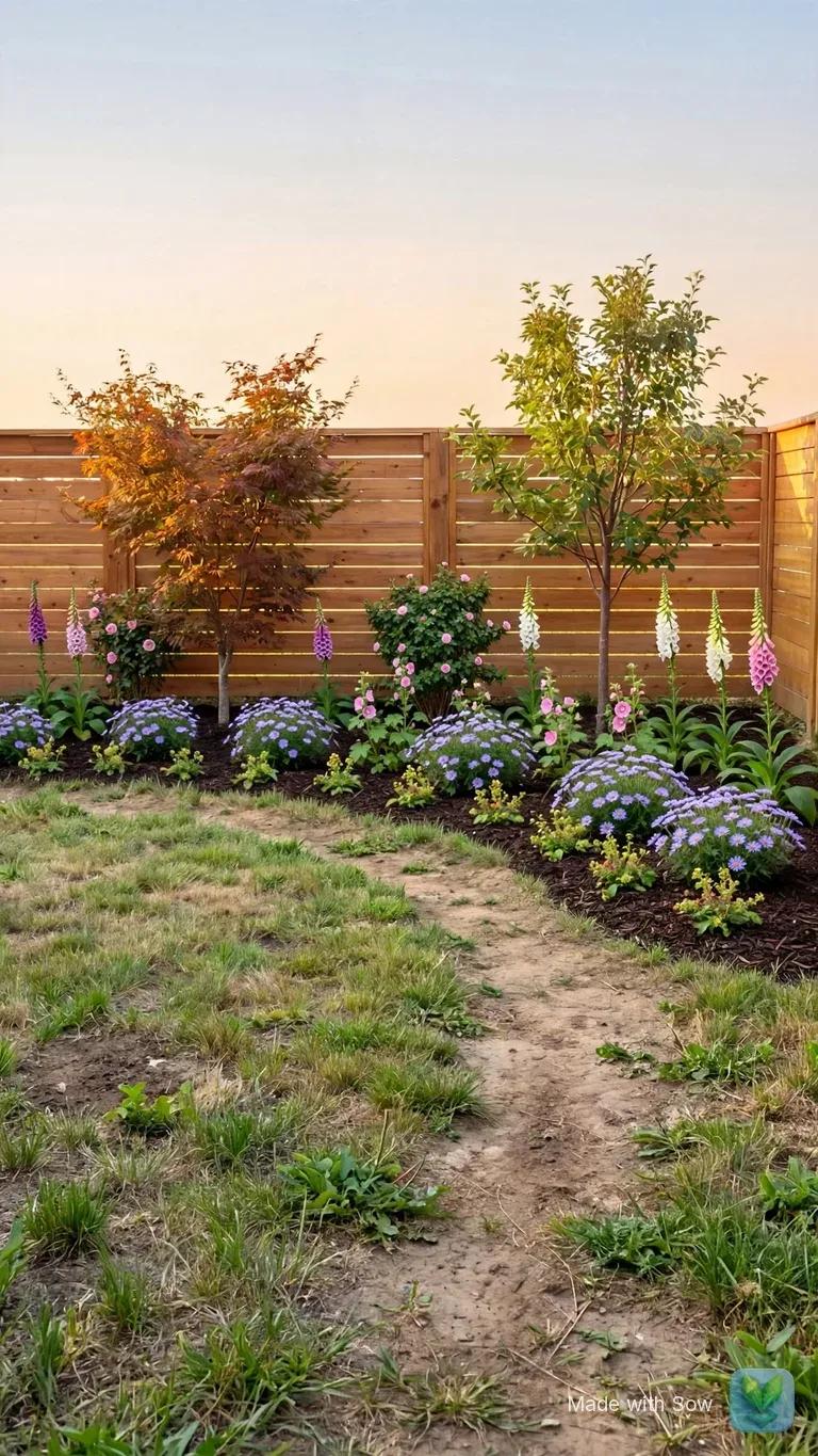 Sow cottage-style redesign of the fenced backyard with a continuous mulched bed of roses, foxgloves and catmint along the fence