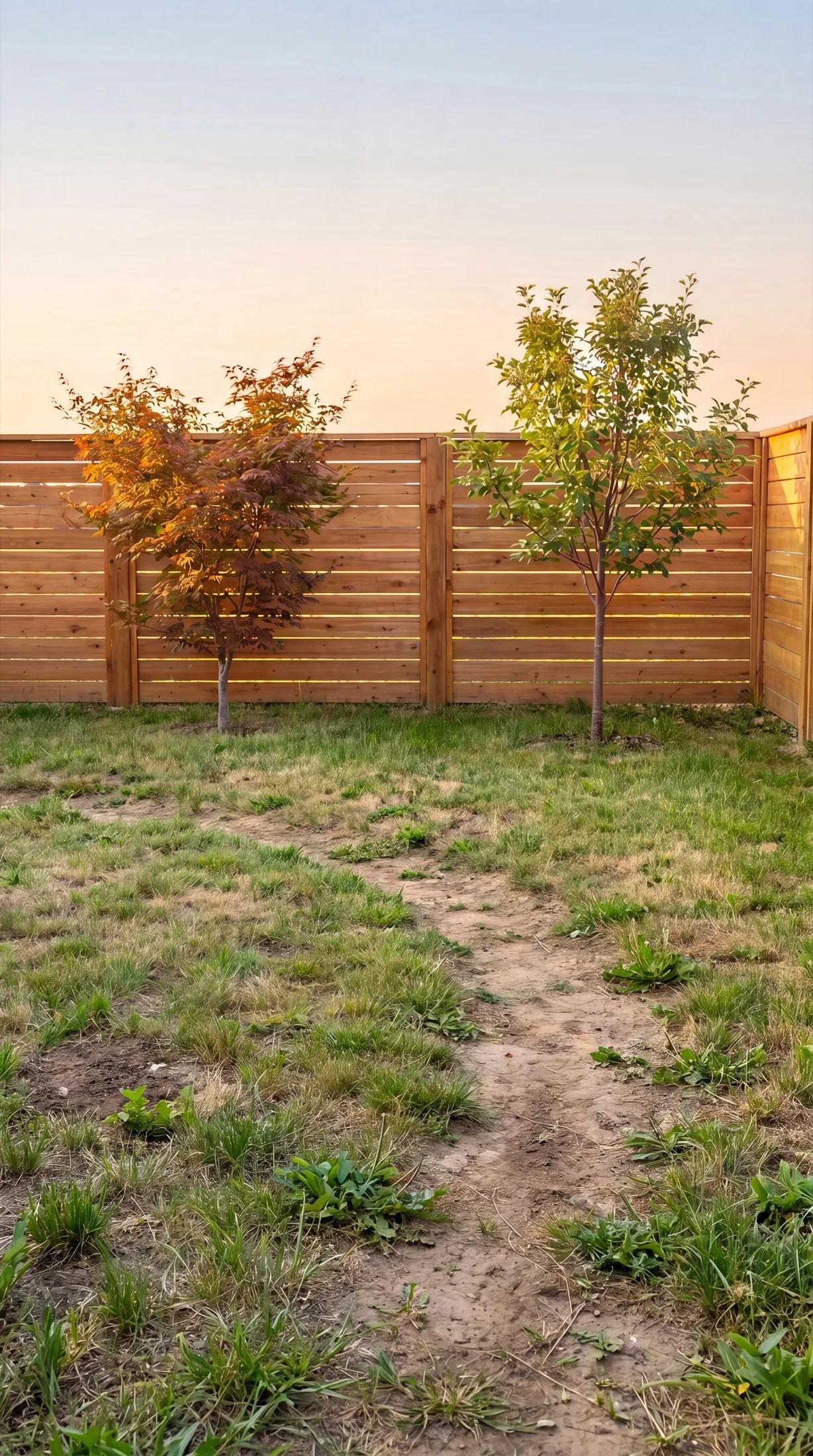 A fenced backyard with patchy lawn, a dirt path, and two young trees against a wooden fence