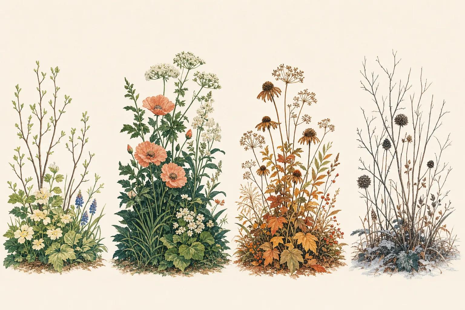 Illustration of one garden border painted across four seasons