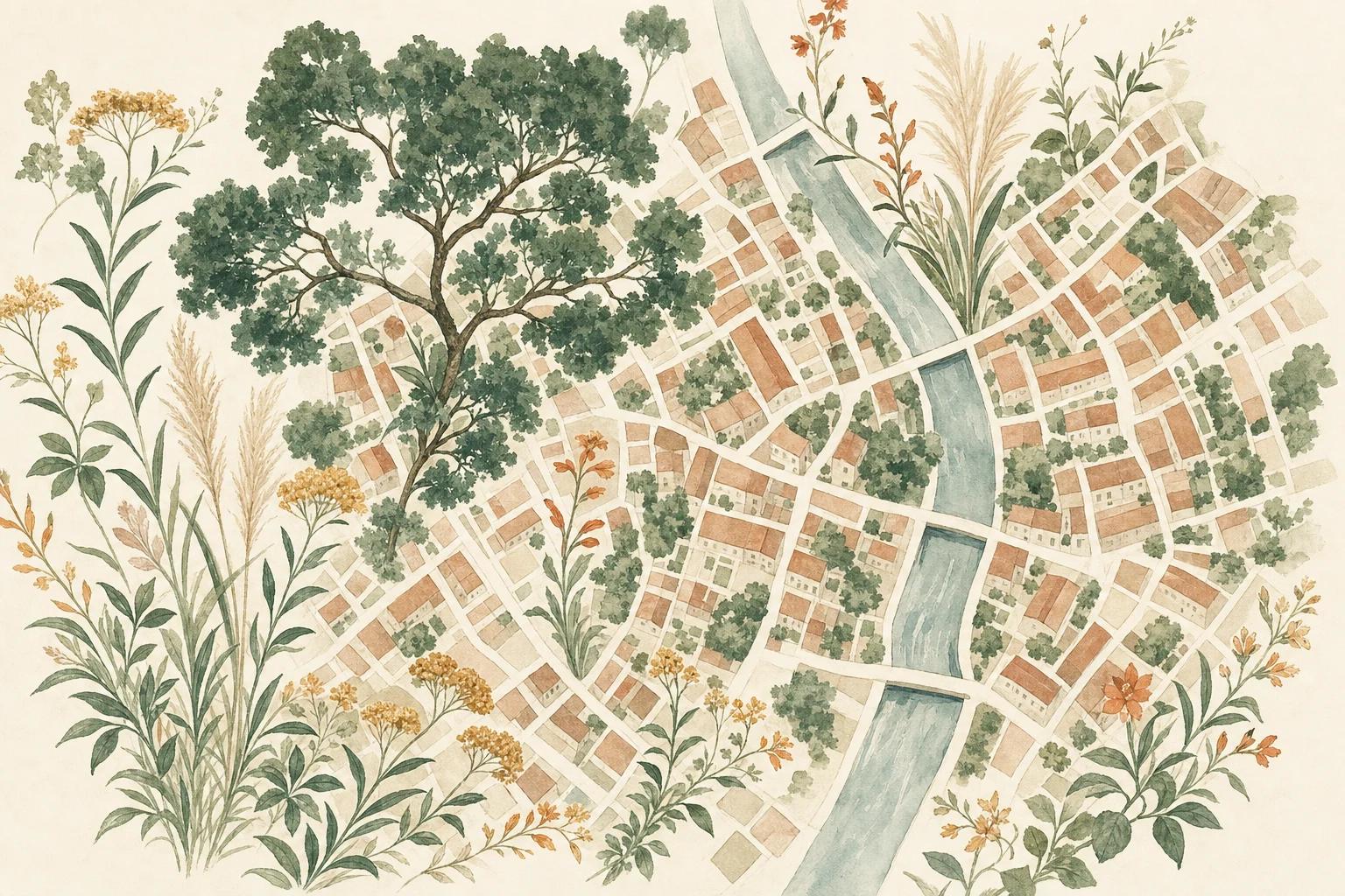Hand-painted map of a town with native wildflowers and grasses growing through the streets