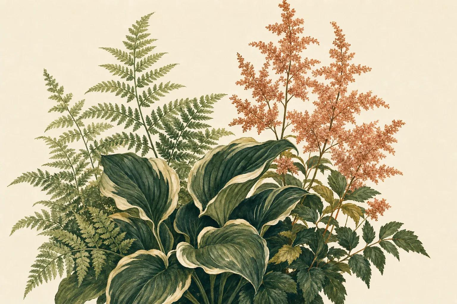Illustration of a hosta, fern and astilbe growing happily together