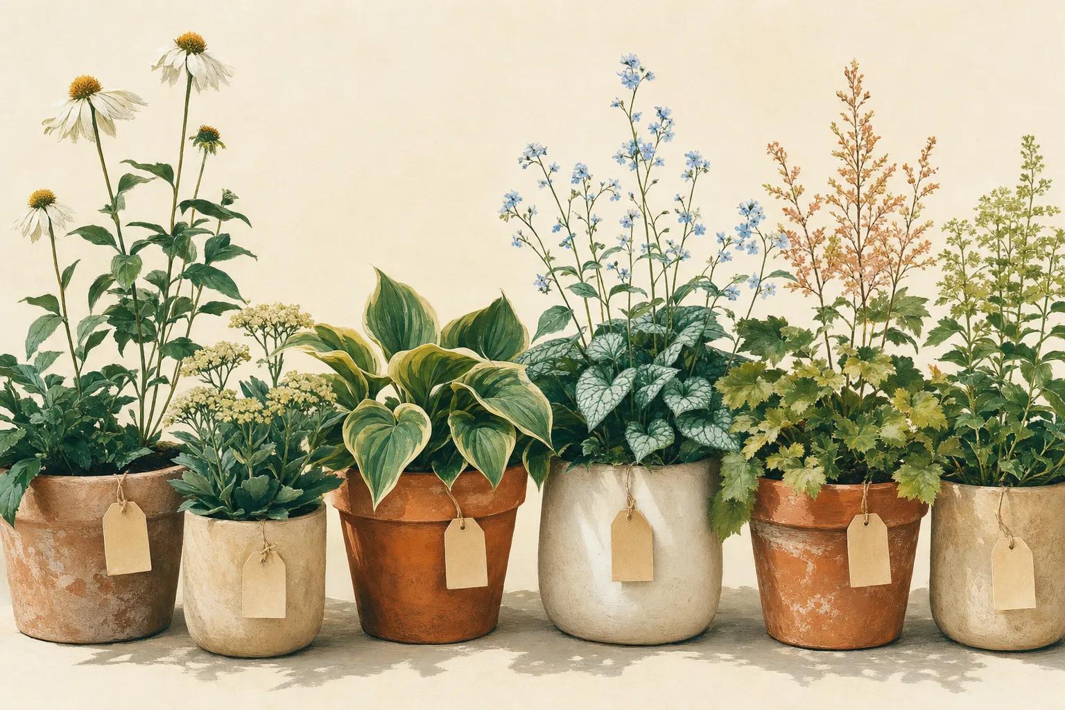 Illustration of nursery pots of perennials lined up on a bench