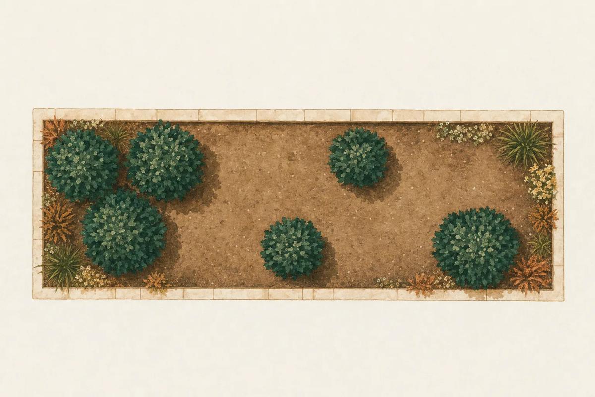 Overhead planting plan showing only the tall dominant plants placed unevenly across an otherwise bare bed