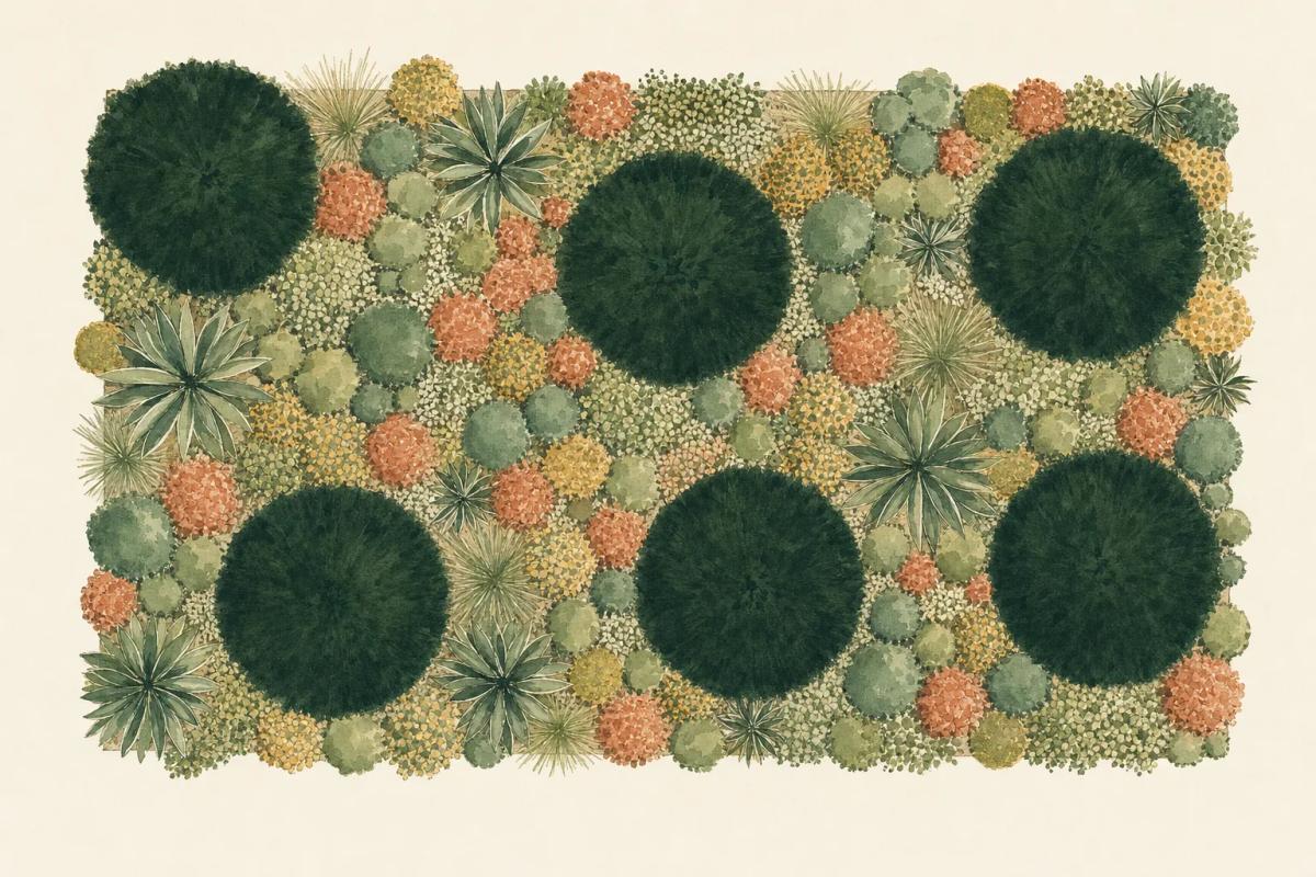 Overhead planting plan showing spaced dominant plants with smaller fill-in plants woven between them to close every gap