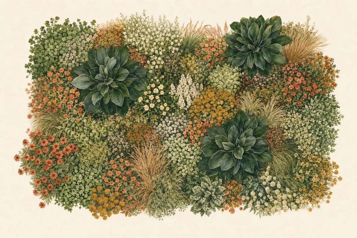 Overhead plan of a finished ecological planting with intermingled drifts flowing together and no bare soil