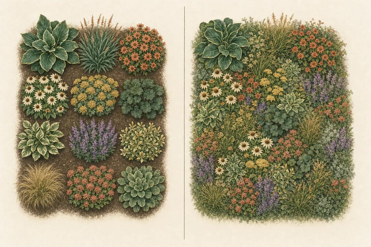 Two overhead planting plans side by side: a traditional border of tidy blocks with soil between them, and an ecological planting of intermingled drifts with no bare ground