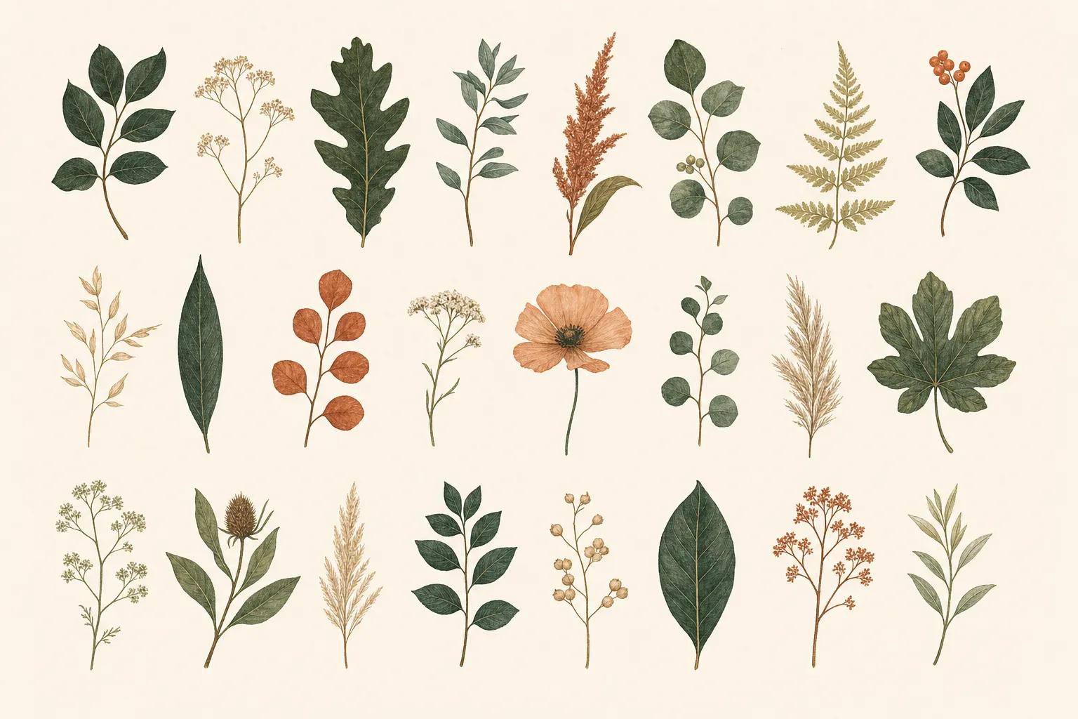 Botanical illustration of many plant specimens laid out like a herbarium sheet