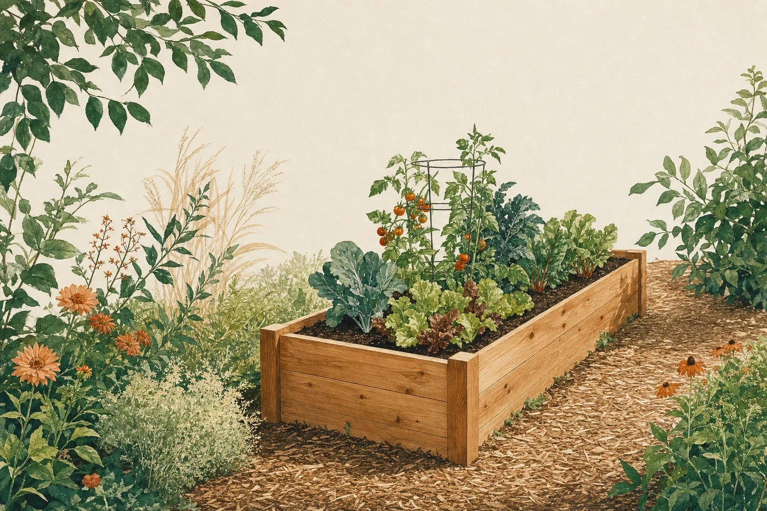 A newly built 4 by 8 foot cedar raised garden bed filled with dark soil, set beside a mulched garden path