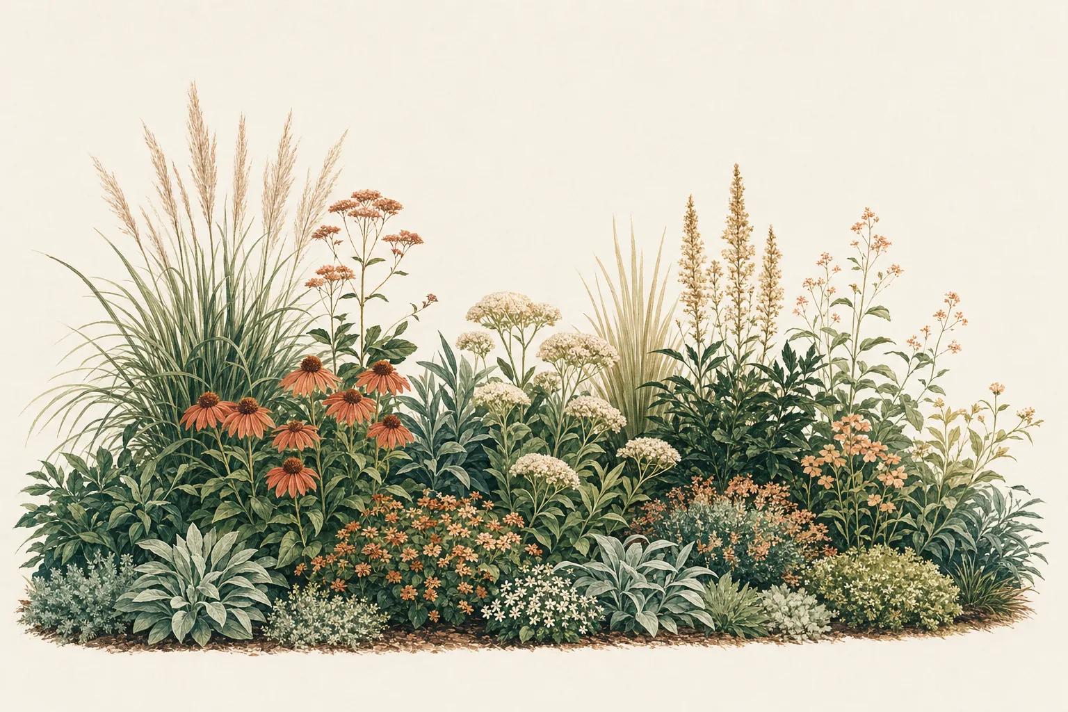 Botanical illustration of a layered planting border shown in cross-section