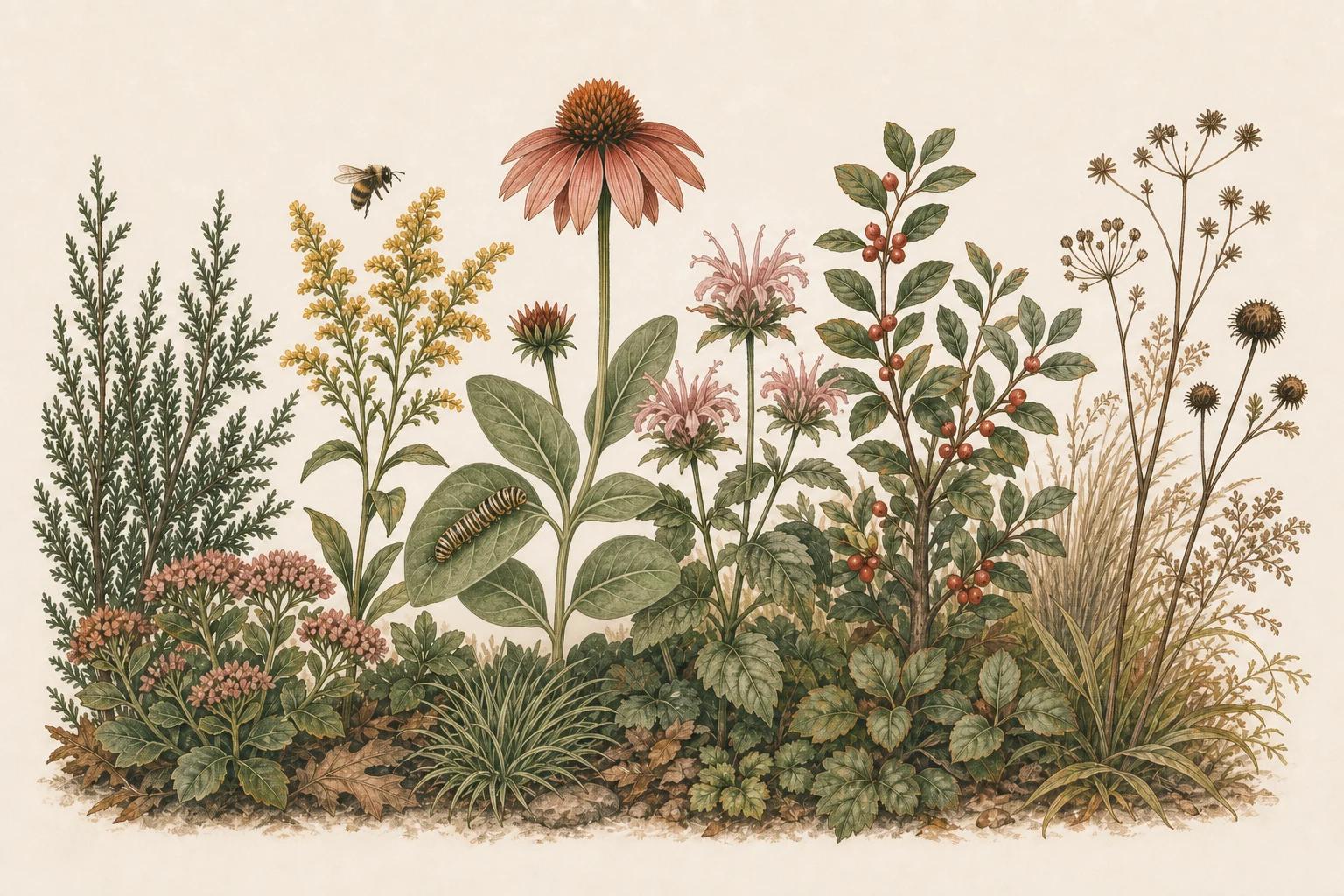 Botanical illustration of flowers, a host plant, berries, layered cover and winter seed heads
