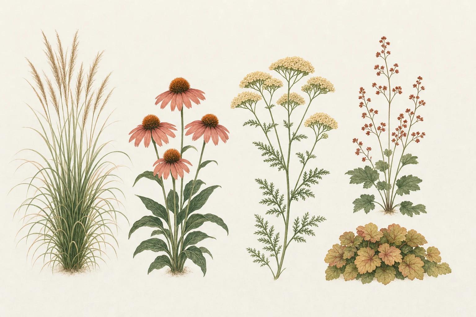 Four perennials laid out side by side like a designer's planting palette