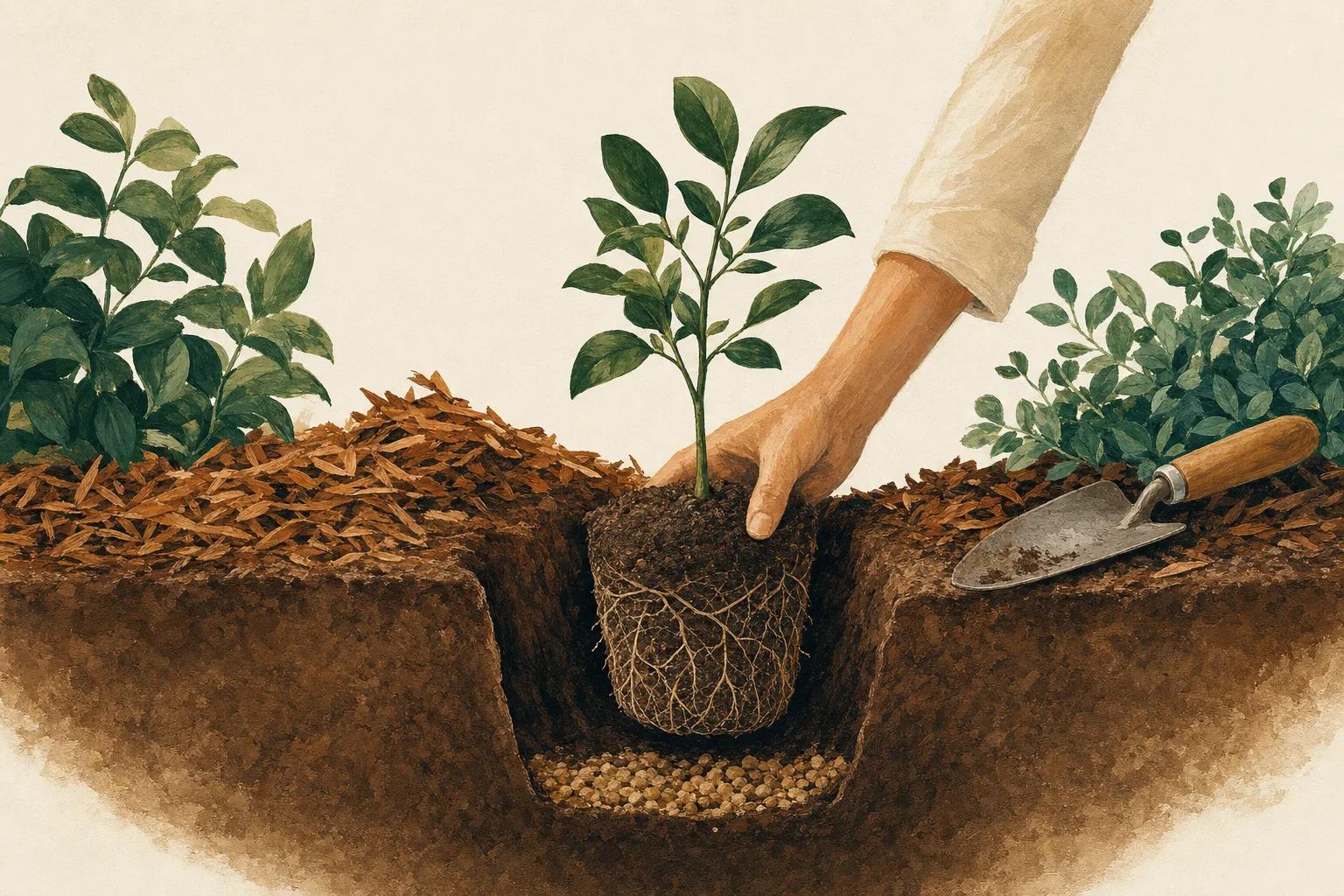 Illustration of a young plant being set into prepared soil
